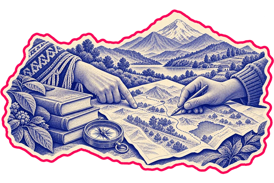 Ilustración conceptual de manos que estudian un mapa junto a libros y una brújula.