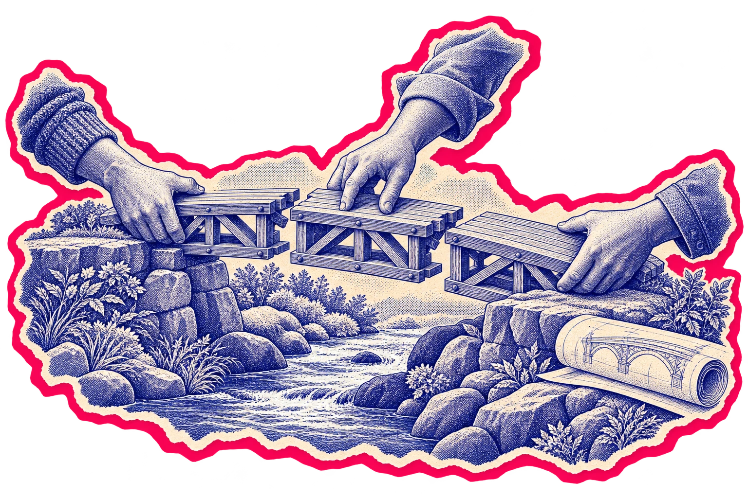 Ilustración conceptual de manos que construyen juntas un puente.