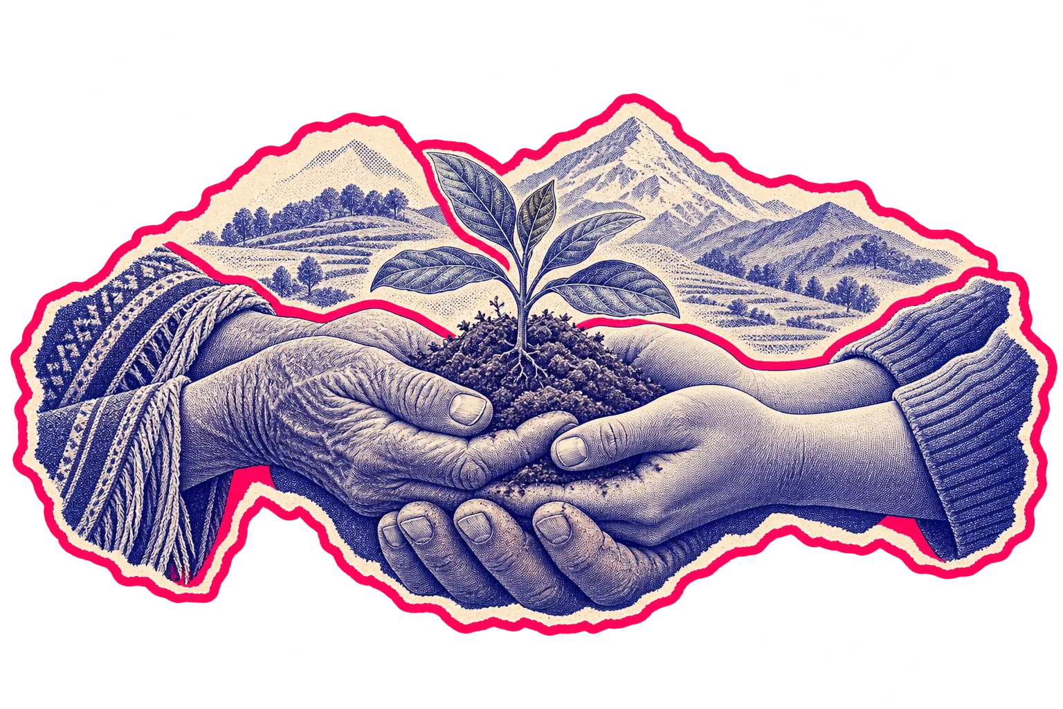 Ilustración conceptual de manos que cuidan juntas una planta.