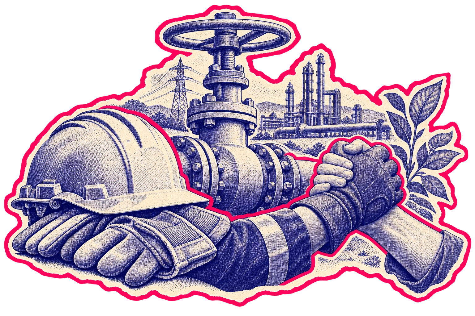Ilustración conceptual de equipo de trabajo, infraestructura y cooperación.