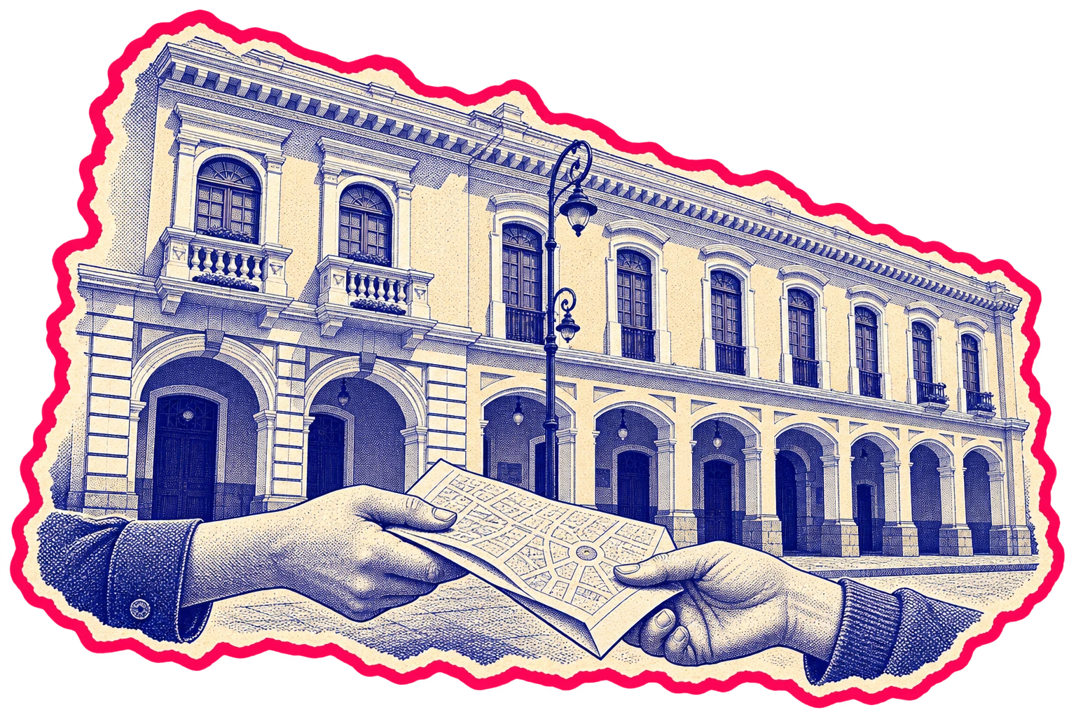 Ilustración conceptual del Palacio Municipal y manos que comparten un plano de servicios.